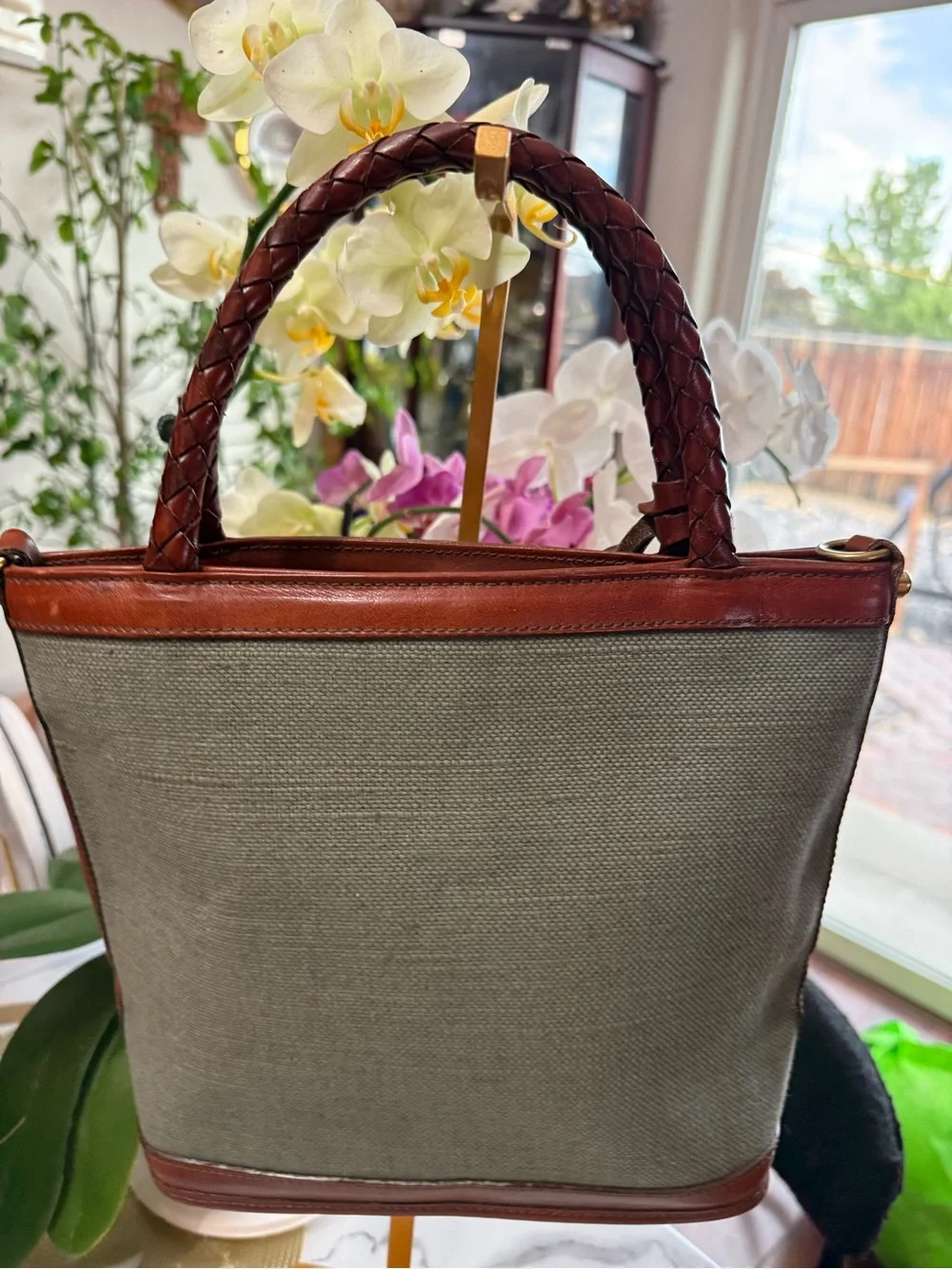Vintage Brahmin Canvas Leather Shoulder Bag Braided Handles